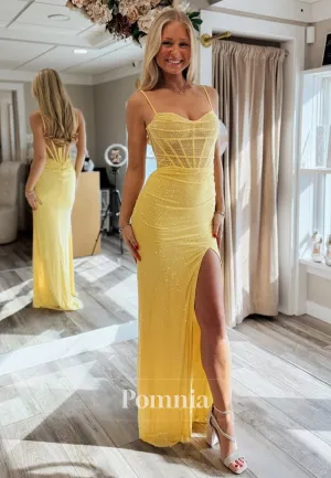 Sparkly Spaghetti Straps Sweetheart Prom Dress with Slit Sequins Evening Party Dress