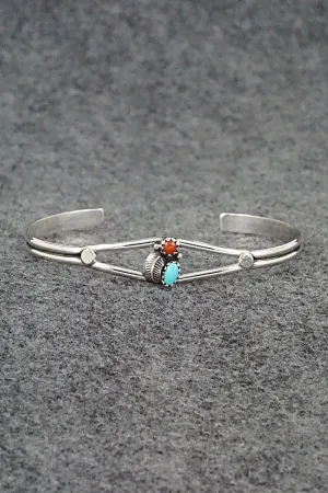 Turquoise, Coral & Sterling Silver Bracelet - Betty Hawthorne