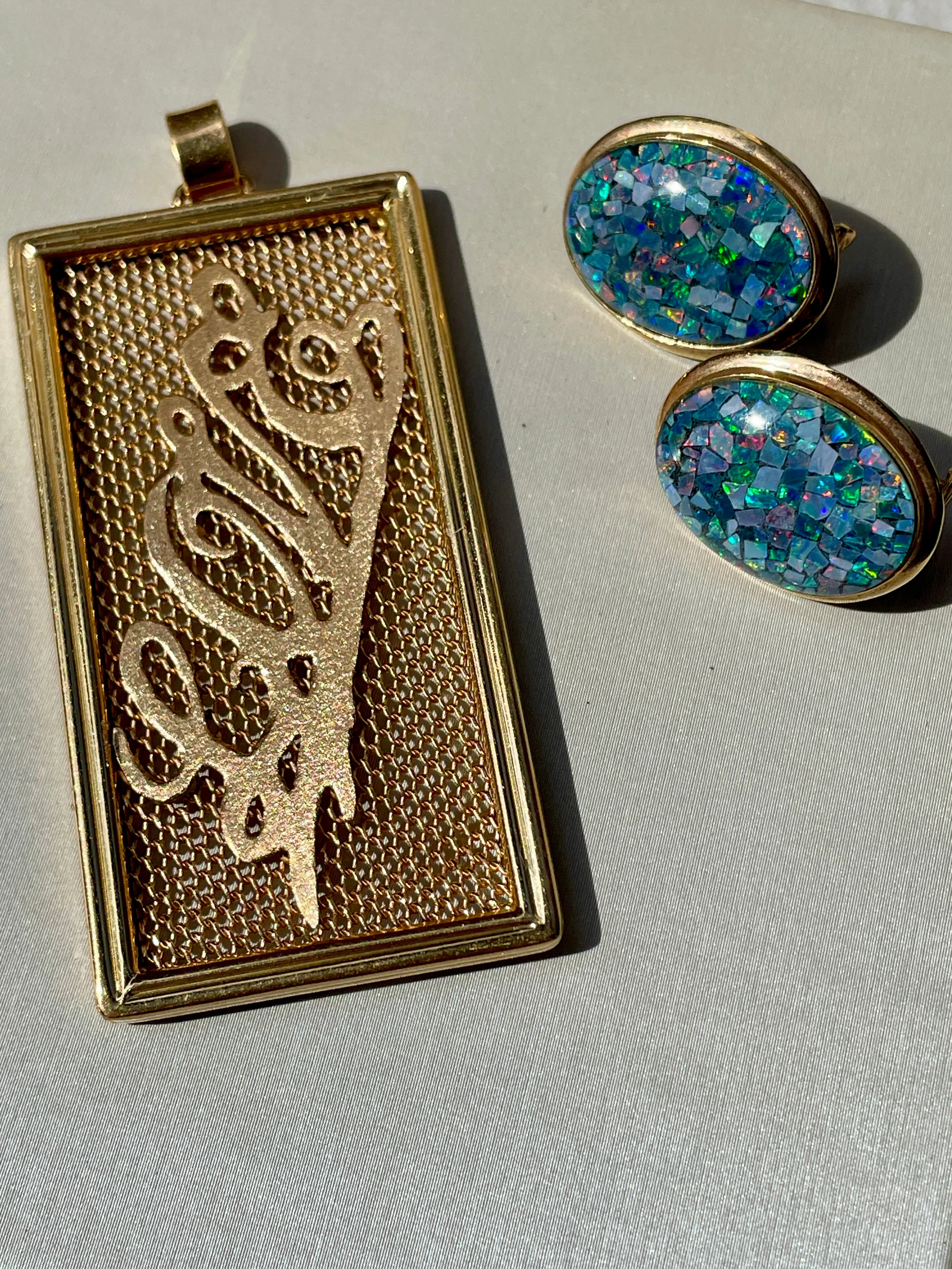 Vintage yellow 14K omega back opal mosaic earrings