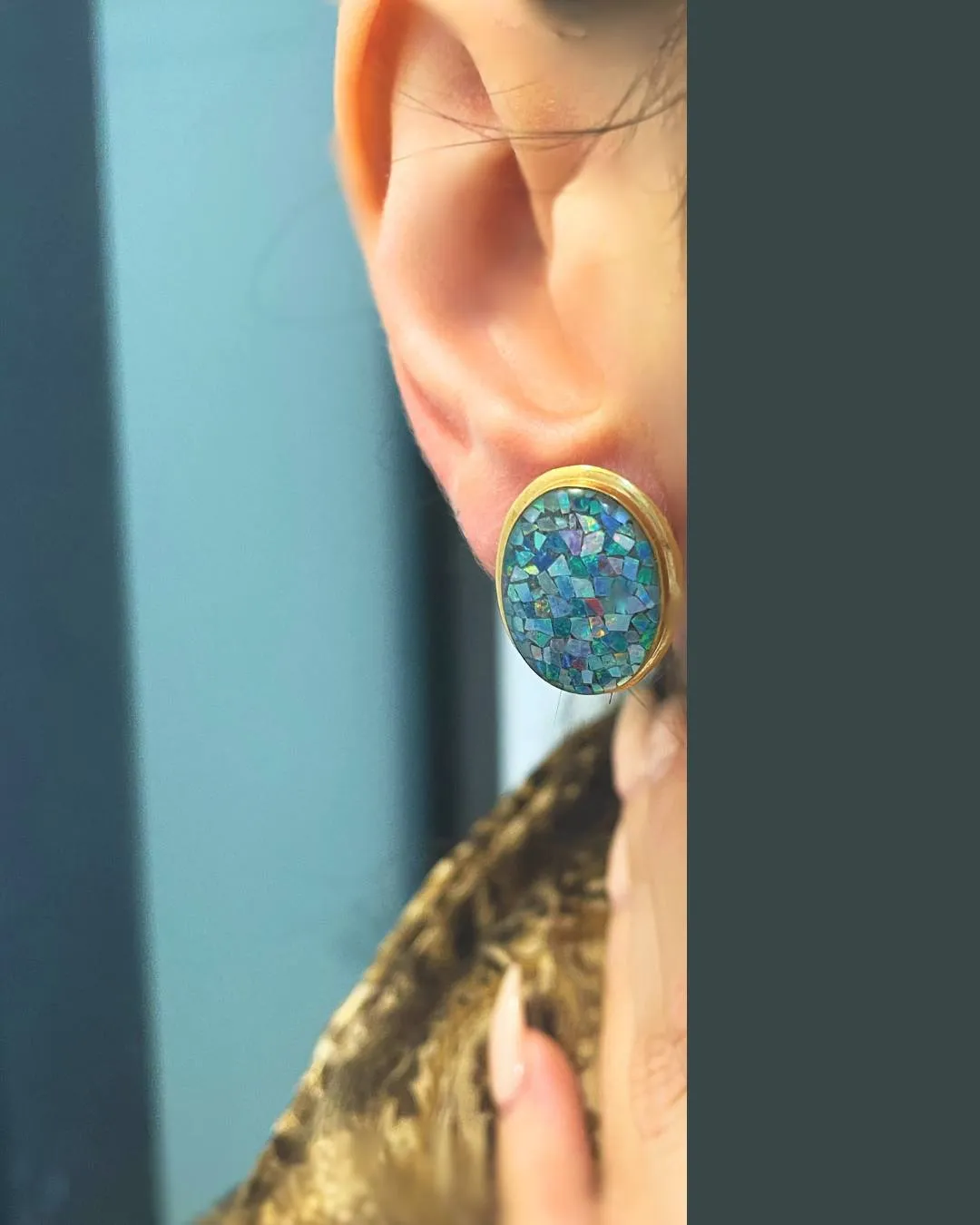 Vintage yellow 14K omega back opal mosaic earrings